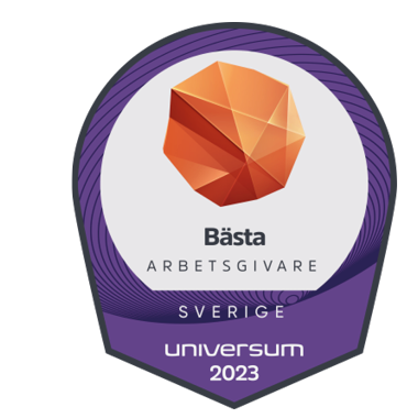 Utmärkelsebadge för Sveriges Bästa Arbetsgivare 2023.
