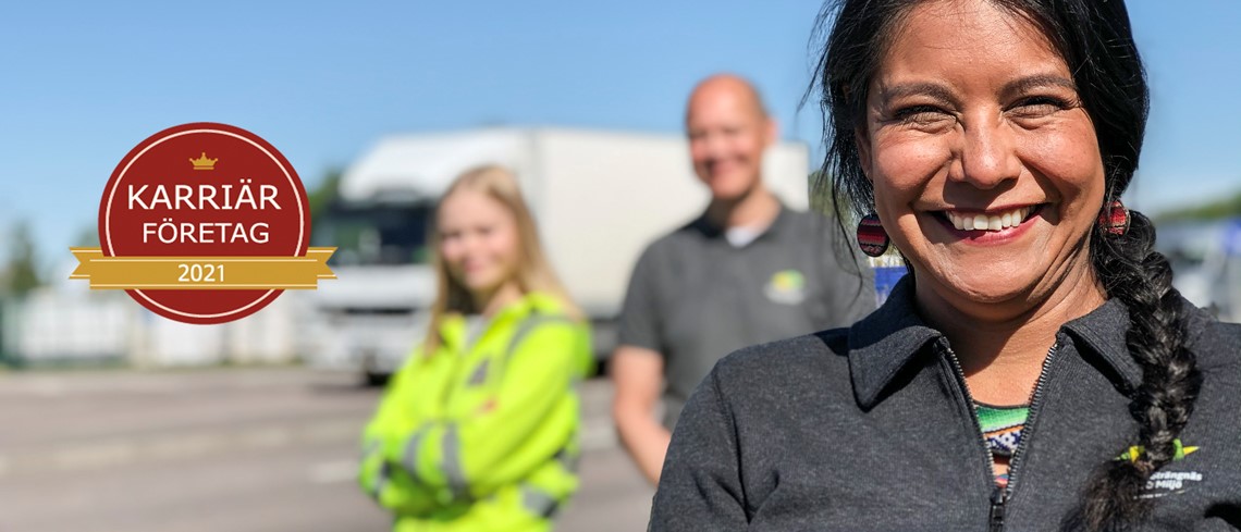 Bild på Anna Calo med Maria Styrlander och Jan Laidla i bakgrunden och med Karriärföretagens emblem.